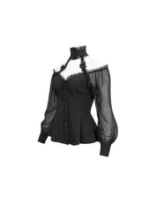 Black Long Sleeve Lace Trim Panel Woven Adjustable Back Women's Gothic T-Shirt - Product - 6