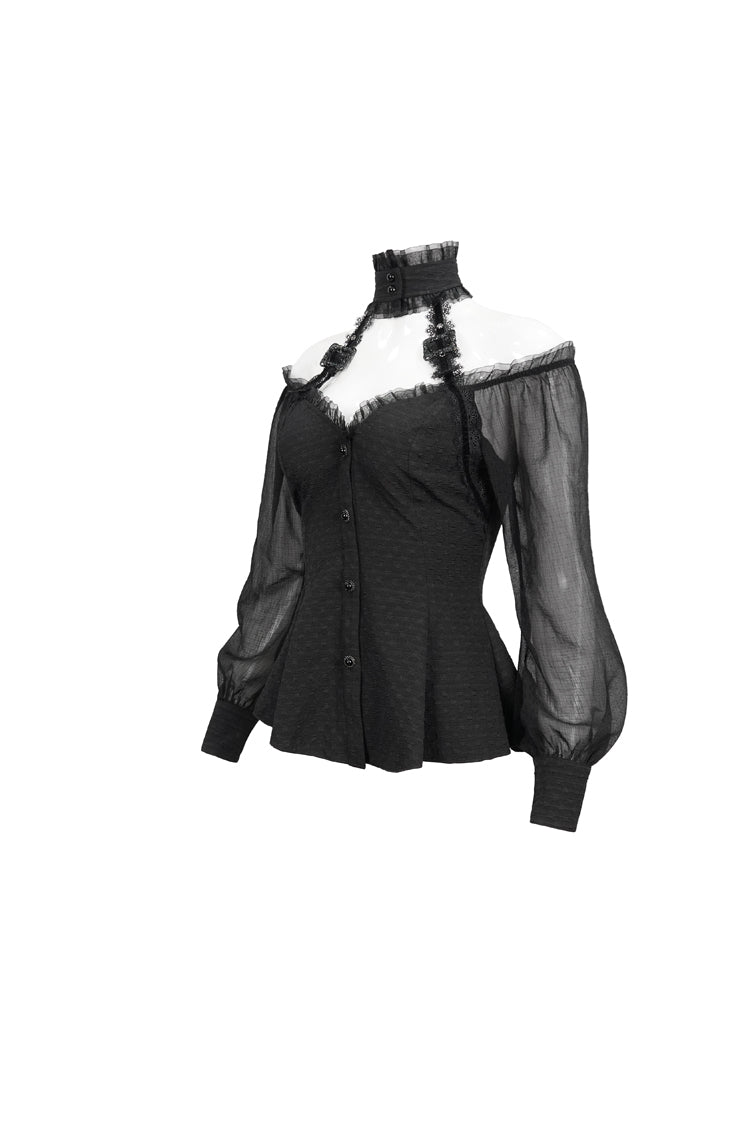 Black Long Sleeve Lace Trim Panel Woven Adjustable Back Women's Gothic T-Shirt - Product - 6