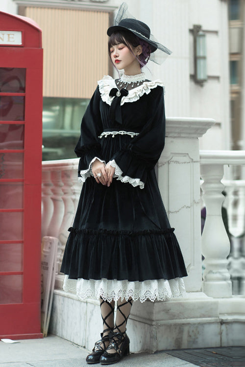 Black Silk Velvet Doll Collar Elegant Long Classic Lolita OP Dress - Product - 2