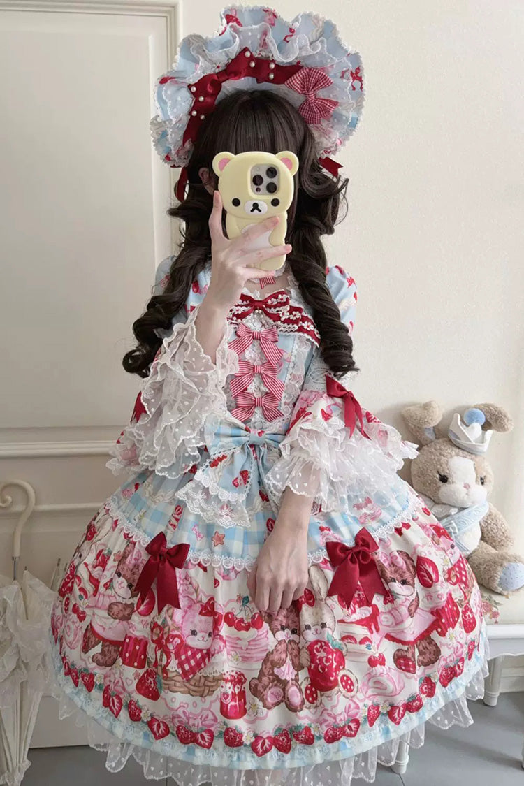 Blue/Red [Sweet Berry Bunny Bear] Half Sleeves Printed Bow Lace Lace-Up Sweet Lolita OP Dress - Product - 5