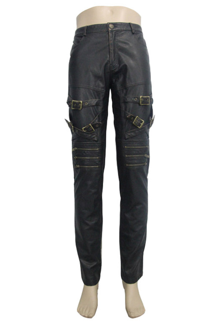 Bronze Multi Loops Zipper Metal Inlay Bandage Hand Rubbed Leather Men's Punk Pants - Product - 4