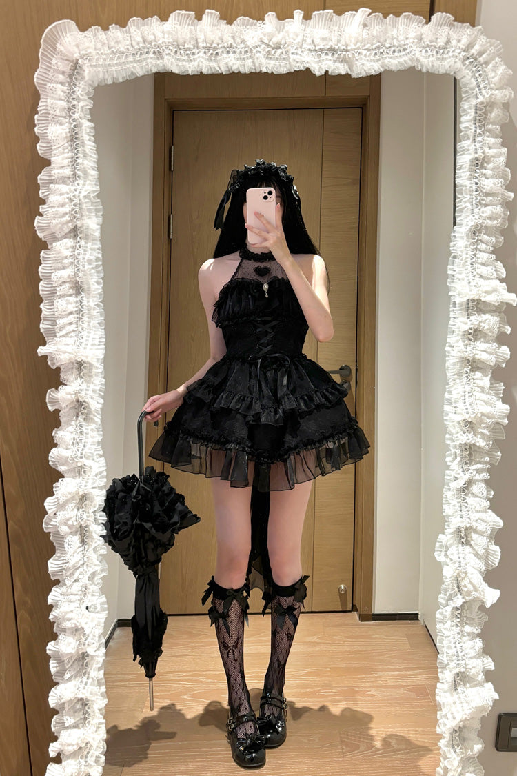 Black Halterneck Triple-Layered Bowknot Lace Gothic Lolita Jsk Dress - Product - 6