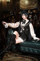 Black [Bunny-Eared Meteorite] Long Sleeves Embroidered Gothic Prince Ouji Lolita Shorts Vest Set - Product - 9