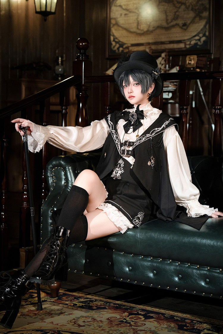 Black [Bunny-Eared Meteorite] Long Sleeves Embroidered Gothic Prince Ouji Lolita Shorts Vest Set - Product - 9