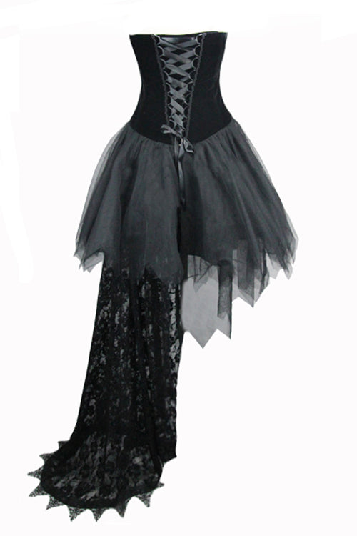 Black Gothic Wedding Strapless Feathered Sexy Velveteen Womens Dress With Rose Lace Tail - Product - 7
