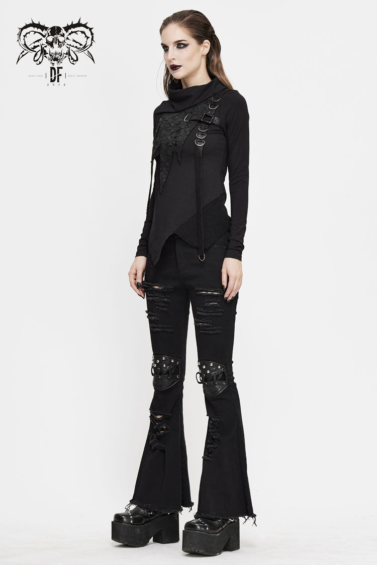Black Worn Out Cross Shaped Hasp Long Sleeve High Collar Asymmetric Hem Women's Punk T-Shirt - Product - 5
