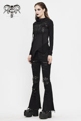 Black Worn Out Cross Shaped Hasp Long Sleeve High Collar Asymmetric Hem Women's Punk T-Shirt - Product - 5