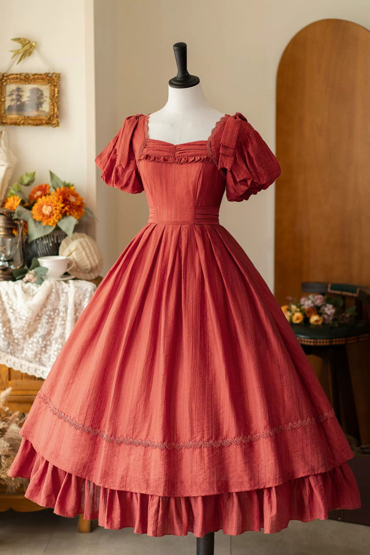 Red [Forest Gallery] Square Collar Short Sleeves Ruffled Bow Classic Vintage Elegant Lolita Dress - Red - 1
