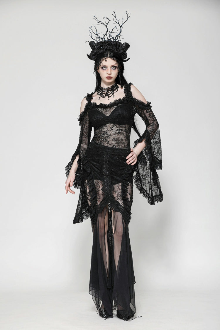Black Off Shoulder Long Flare Sleeves Lace Women's Gothic Romantic Top - Product - 6