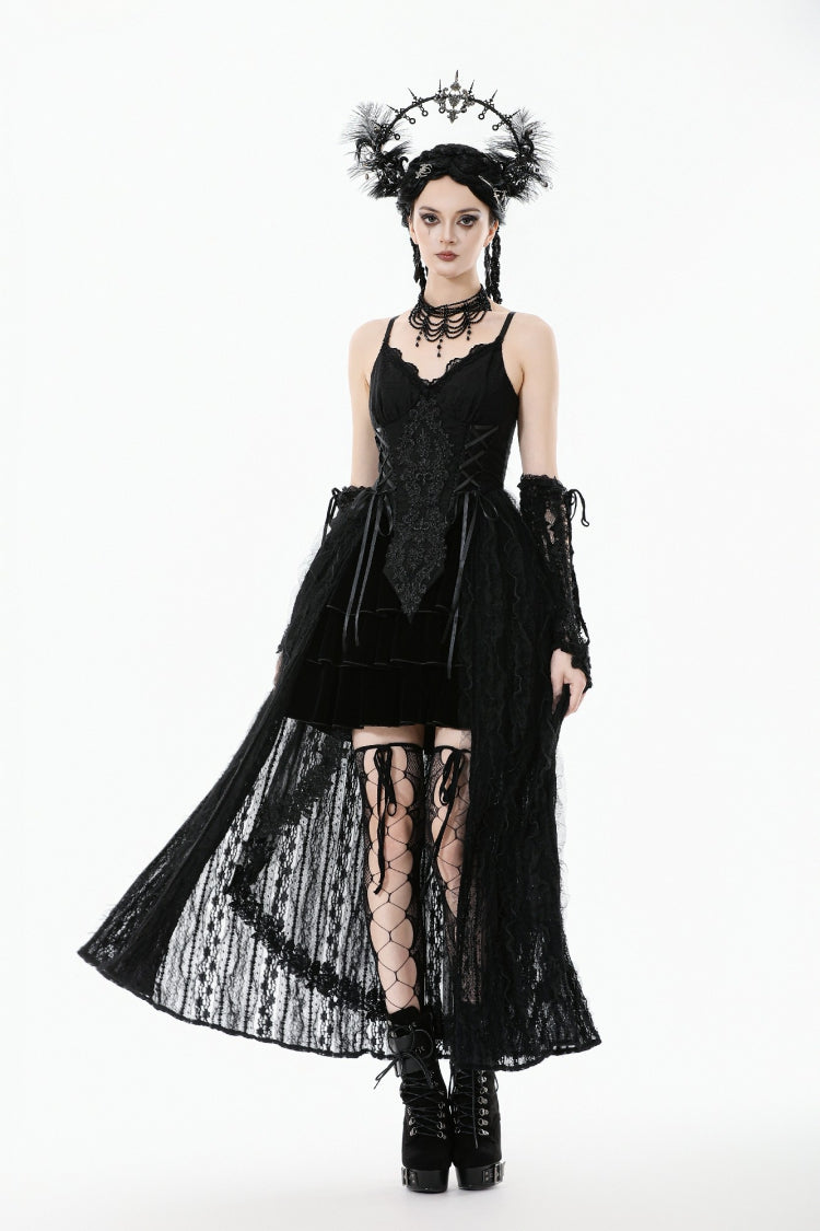 Black Sleeveless Floral Embroidered Lace Lace-Up Women's Gothic Slip Dress Wedding Dress - Product - 9