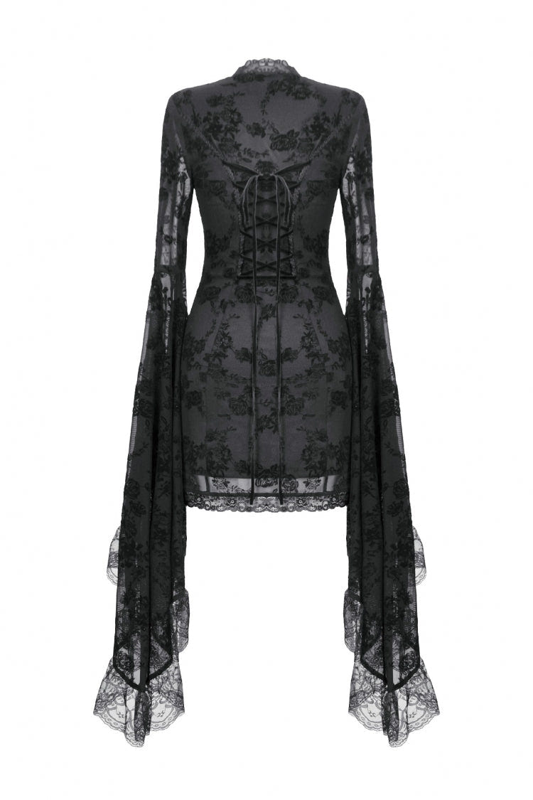 Black Square Collar Long Trumpet Sleeves Mesh Embroidered Lace Lace-Up Women's Gothic Dress - Product - 14