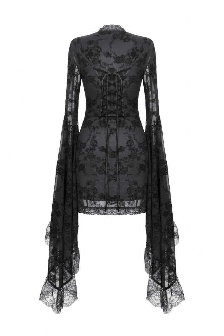 Black Square Collar Long Trumpet Sleeves Mesh Embroidered Lace Lace-Up Women's Gothic Dress - Product - 14