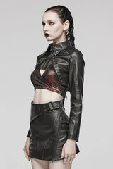 Black Faux Leather Long Sleeves Hollow Stitching Womens Steampunk Short Coat - Product - 2