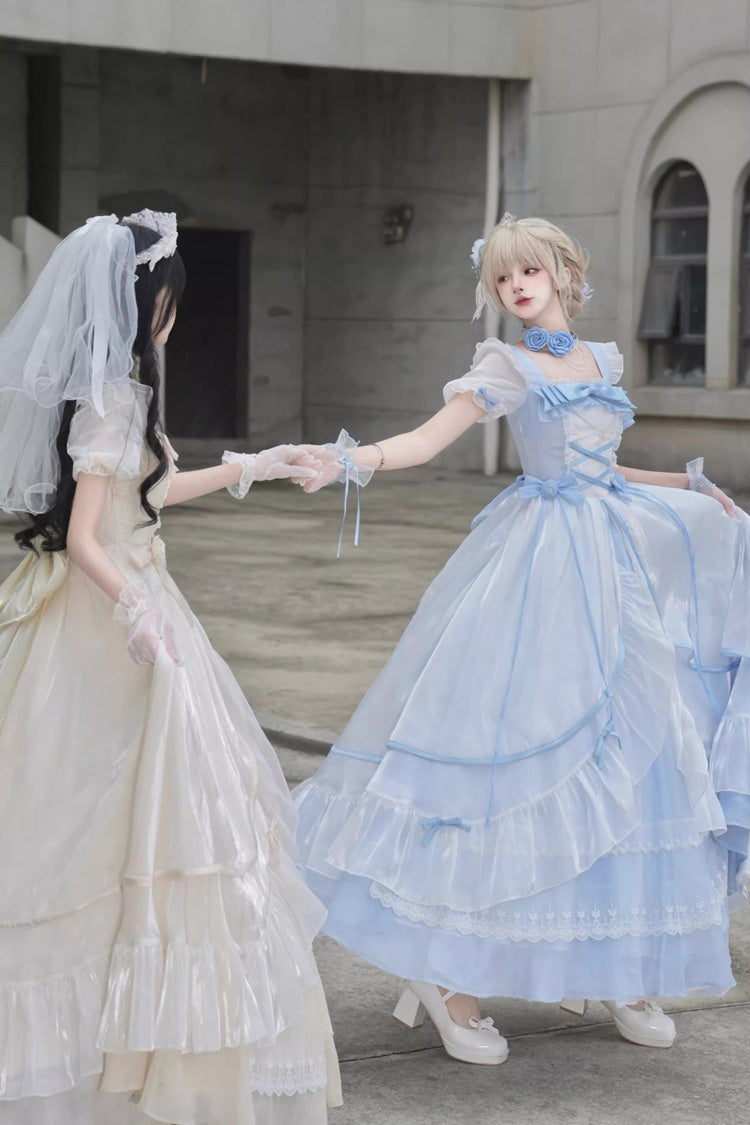 Sweet Short Puff Sleeves Ruffle Hanayome Cardigan Bowknot Princess Gorgeous Lolita Dress 2 Colors - Product - 5