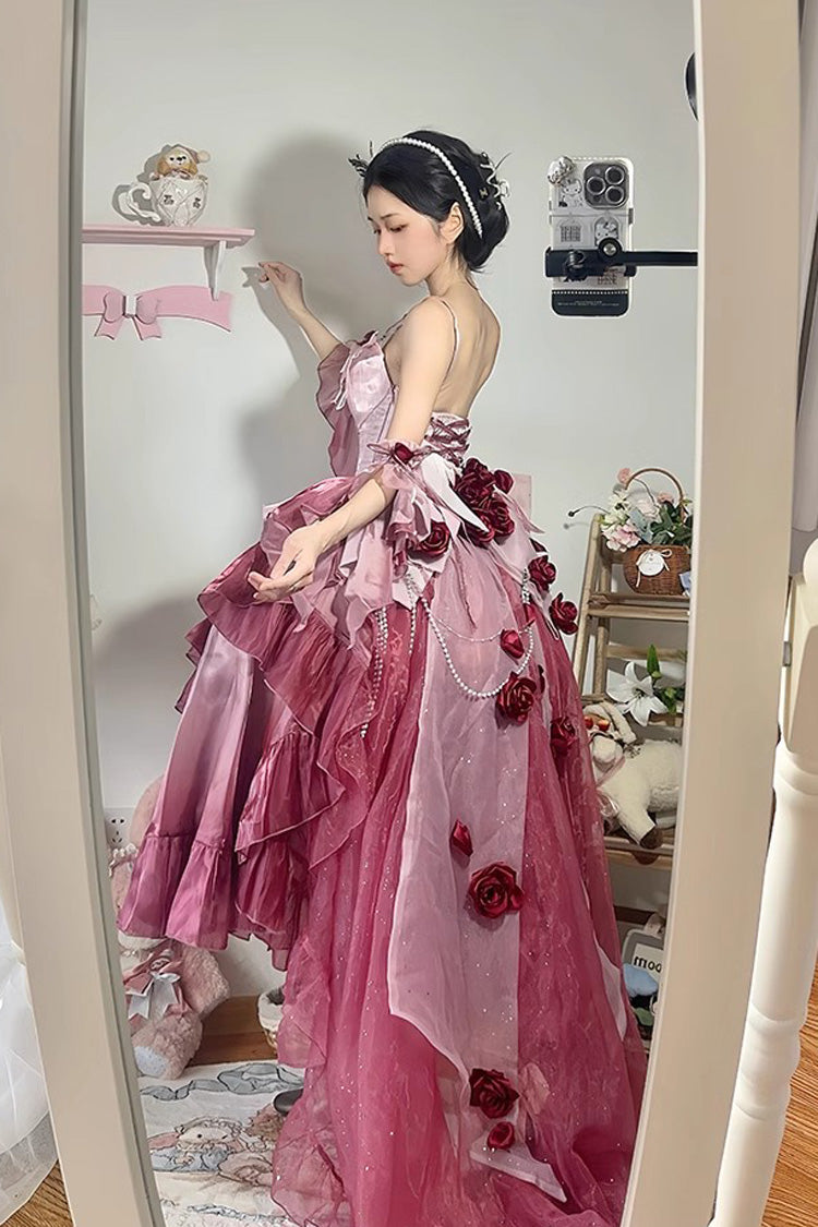 Plum Red [Swan Wonderland] Embroidery Bowknot Lace-Up Short Front Long Back Irregular Sweet Ballet Lolita Jsk Dress - Product - 6