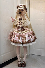 [Chocolate Brownie] Sleeveless Printed Ruffled Bow Lace Sweet Lolita Strap Dress 2 Colors - Product - 8