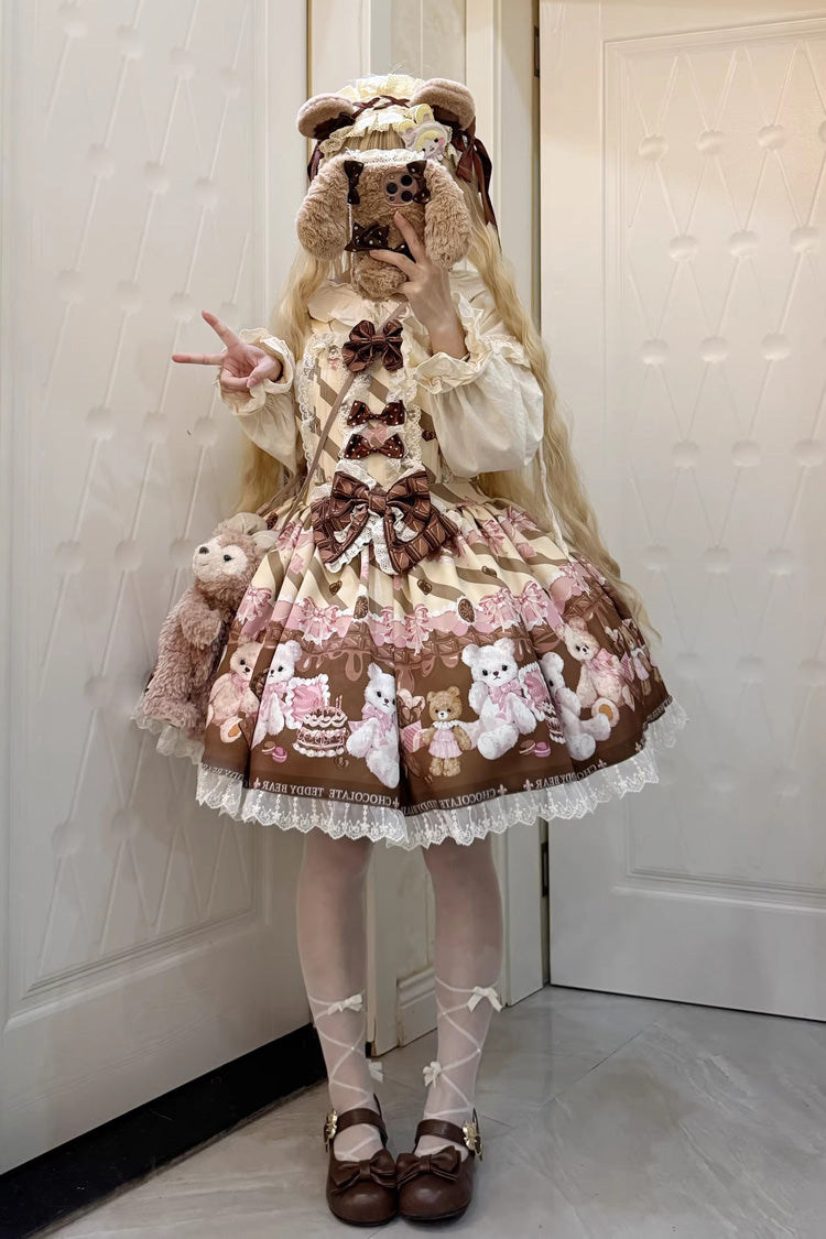 [Chocolate Brownie] Sleeveless Printed Ruffled Bow Lace Sweet Lolita Strap Dress 2 Colors - Product - 8