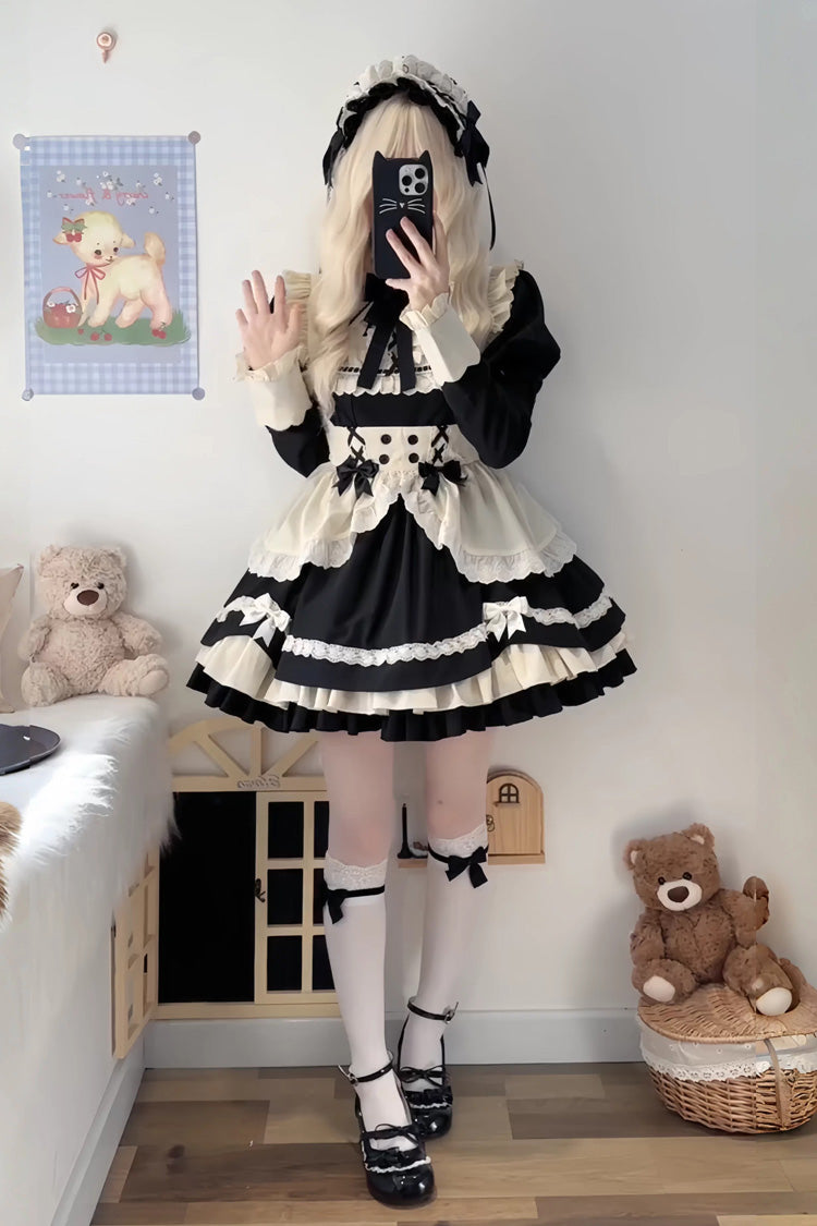 Black/White Short Sleeves Triple-Layered Ruffle Bowknot Lace Sweet Plus Size Maid Lolita Dress Set - Product - 11
