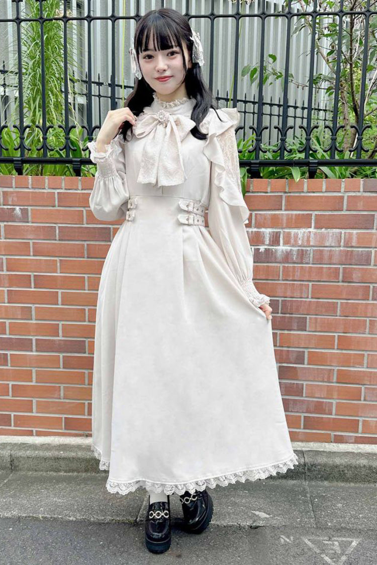 White Stand Collar Off Shoulder Long Sleeves Hollow Bowknot Slim Jirai Kei Japanese Dress - Product - 13