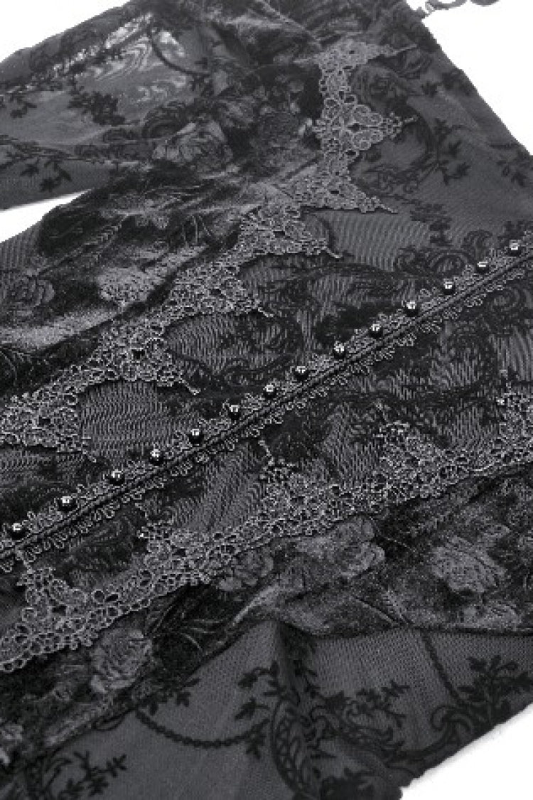 Black Off Shoulder Long Trumpet Sleeves Velvet Spliced Mesh Women's Gothic Graduation Dress - Product - 14