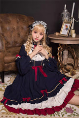 Blue Long Sleeves Ruffle Bowknot Daily Sweet Princess Lolita Dress - Product - 4