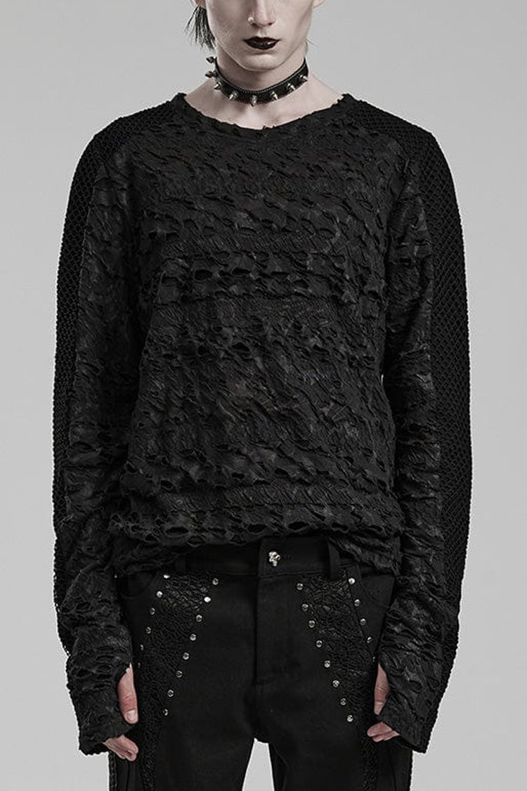 Black Long Sleeves Ripped Print Stitching Mens Gothic T-Shirt - Black - 1