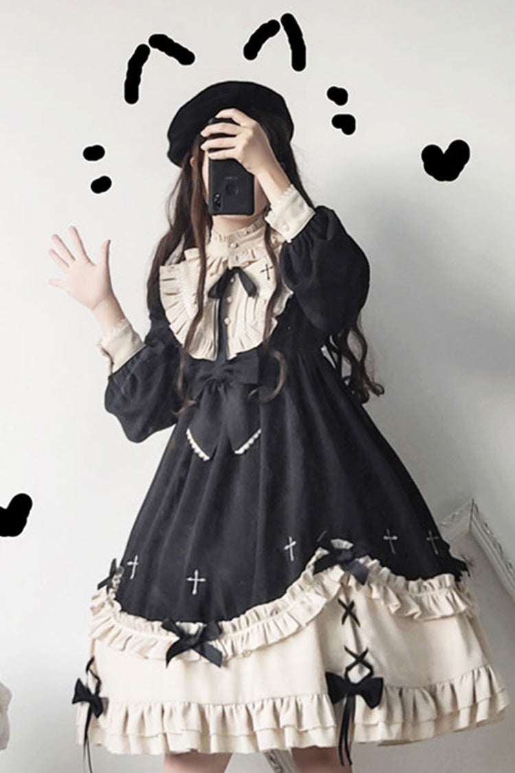 Black Round Collar Chest Bow Cross Print Ruffled Sweet Lolita Op Dress - Product - 3