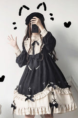 Black Round Collar Chest Bow Cross Print Ruffled Sweet Lolita Op Dress - Product - 3