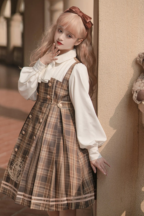 Detective Girl Lapel Collar Double Breasted Embroidery Fake Two Pieces Plaid Sweet Lolita OP Dress - Product - 4