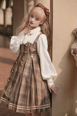 Detective Girl Lapel Collar Double Breasted Embroidery Fake Two Pieces Plaid Sweet Lolita OP Dress - Product - 4