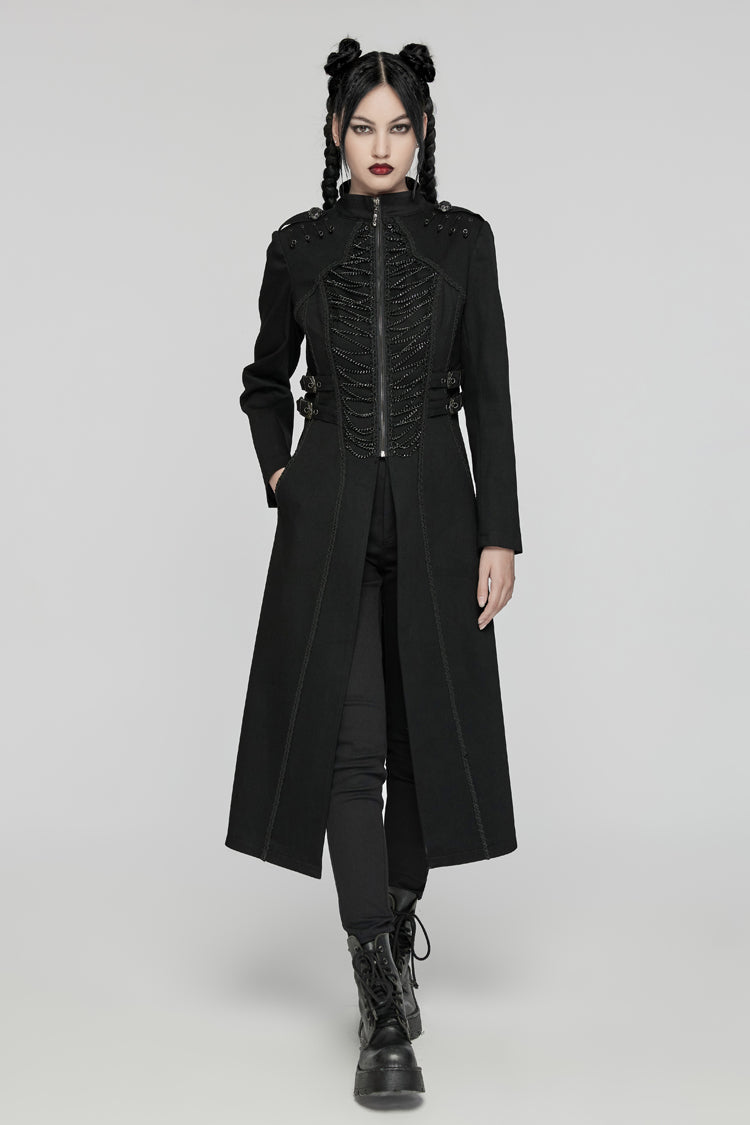 Black Stand Collar Chain Zipper Long Sleeves Women's Gothic Long Coat - Product - 3