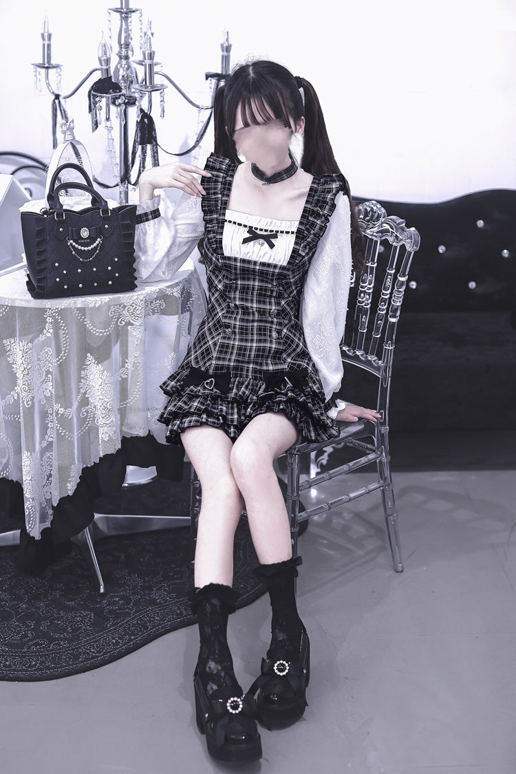 Black/White Square Collar Long Sleeves Jacquard Plaid Printed Ruffled Japanese Vintage Jirai Kei Dress - Product - 4