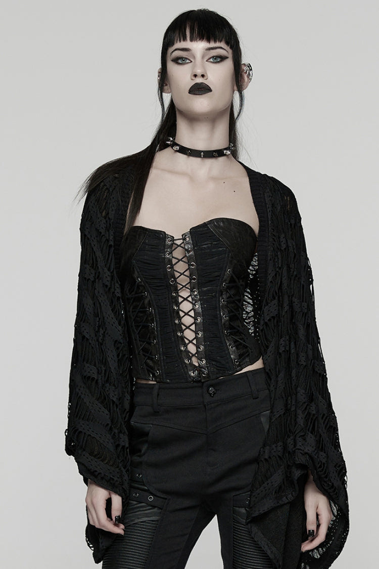 Black Long Batwing Sleeves Ripped Women's Punk Cardigan - Black - 1
