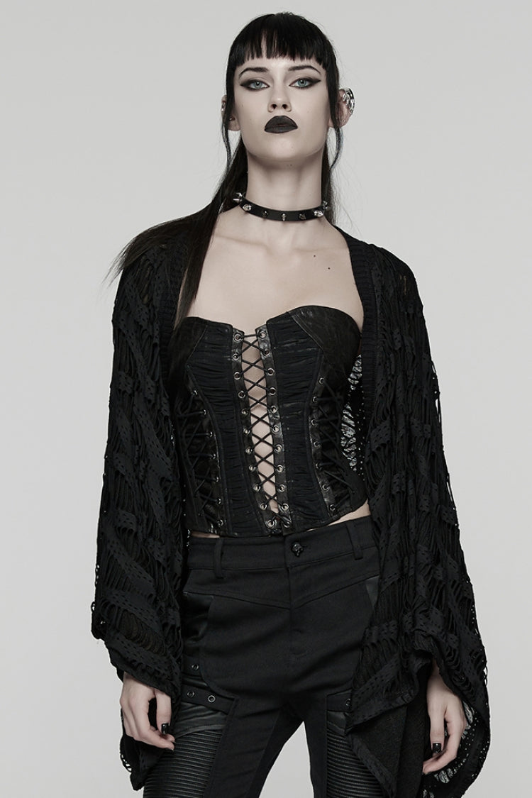 Black Long Batwing Sleeves Ripped Women's Punk Cardigan - Black - 1