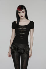 Black Round Collar Short Sleeves Slim Sheer Ripped Studded Women's Punk T-Shirt - Black - 1