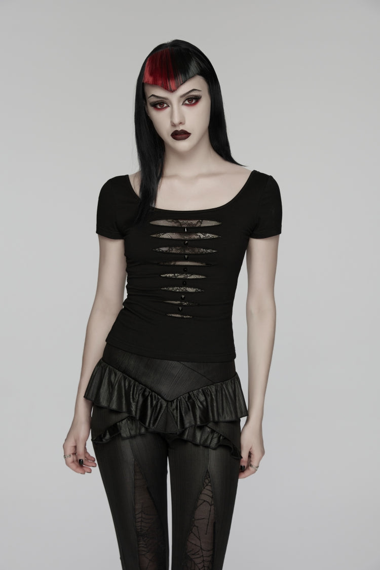 Black Round Collar Short Sleeves Slim Sheer Ripped Studded Women's Punk T-Shirt - Black - 1