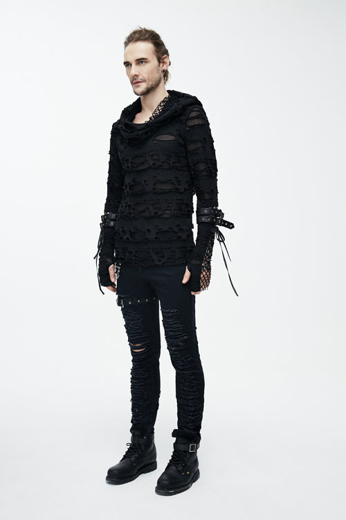 Black Ripped Finger Covered Autumn Hooded Mens Punk T-Shirt - Product - 6