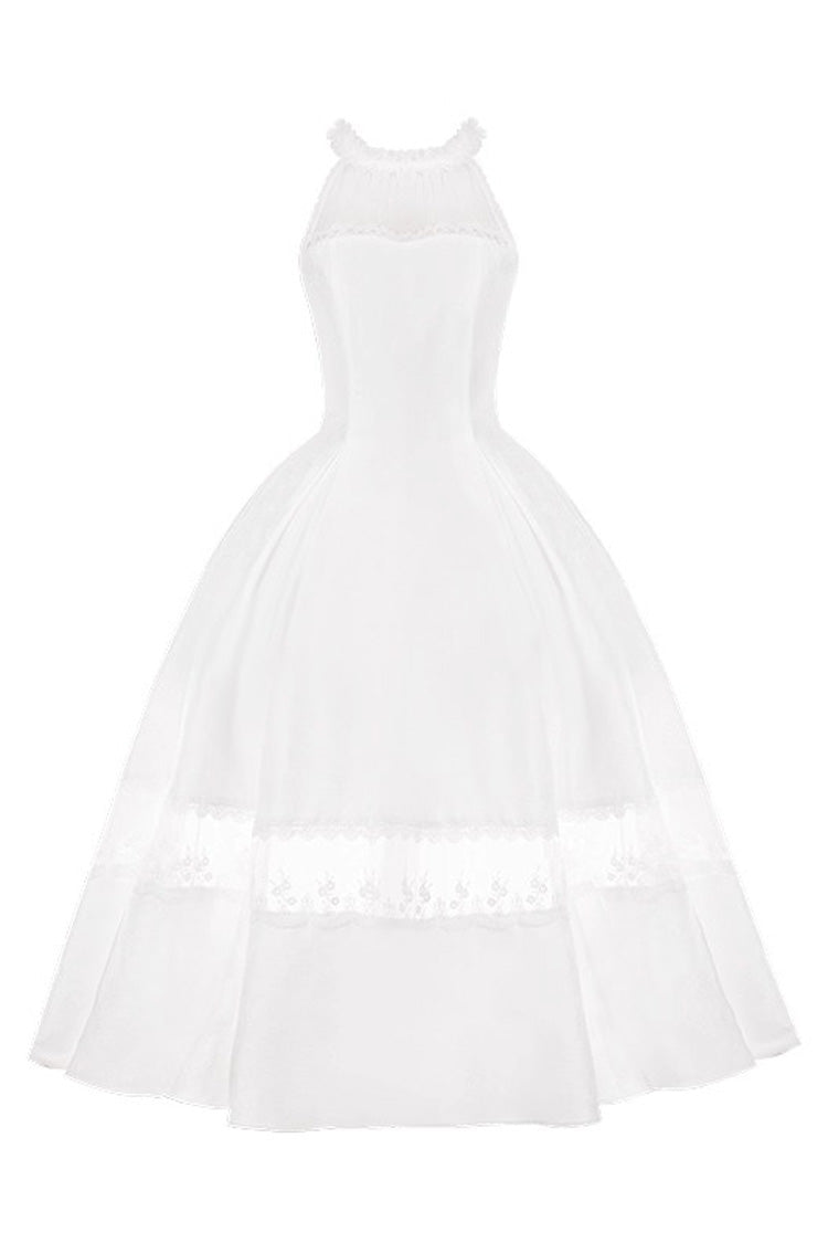 White [Flowers in the Mist] Off Shoulder Halterneck Print Ruffle Gothic Elegant Lolita Dress - Product - 3