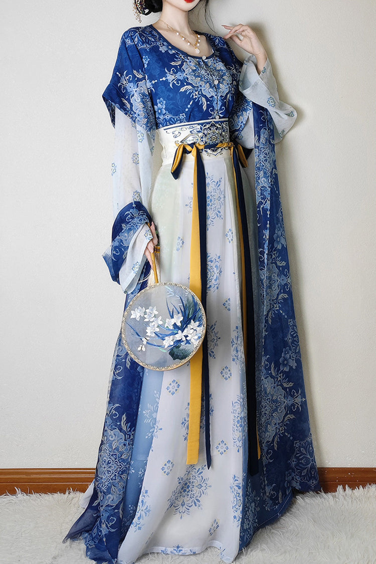 Round Collar High Waisted Print Slim Women's Classic Hanfu Dress Full Set - Product - 4