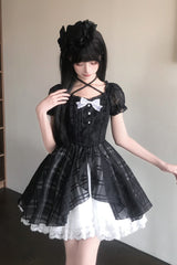 Black/White Square Collar Short Puff Sleeves Plaid Printed Ruffled Bow Lace Sweet Princess Lolita Dress - Black/White - 1