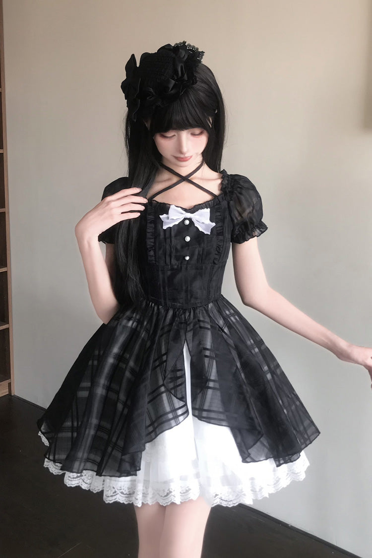 Black/White Square Collar Short Puff Sleeves Plaid Printed Ruffled Bow Lace Sweet Princess Lolita Dress - Black/White - 1
