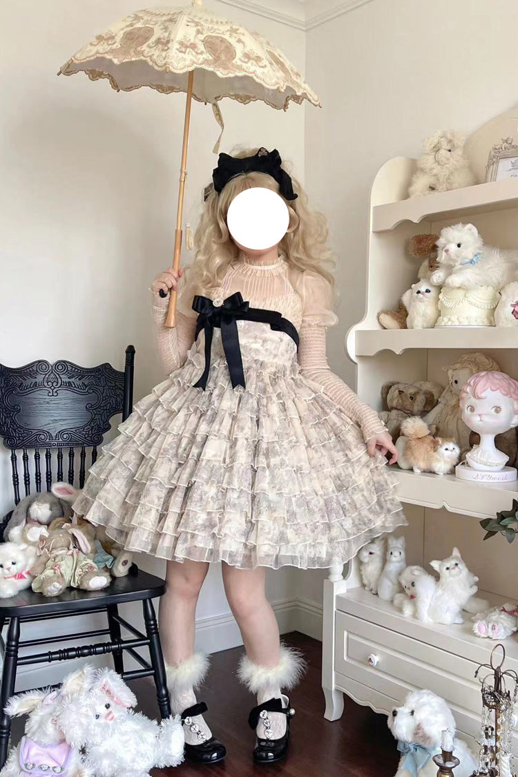 Multi-Color [Wonderland Travels] Multi-Layered Print Ruffle Bowknot Sweet Lolita Tiered Dress - Product - 13