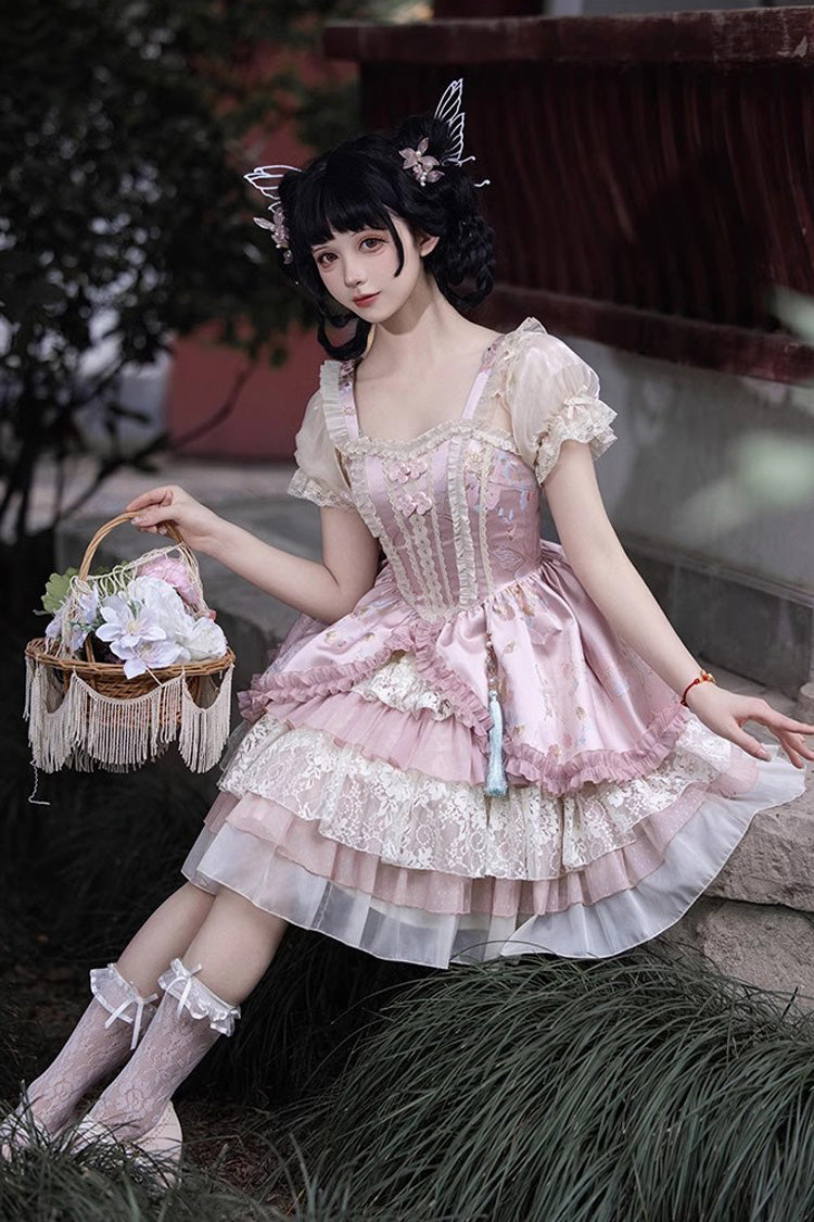 Pink Multi-Layered Ruffle Cardigan Lace Sweet Chinese Style Lolita Jsk Dress - Product - 13