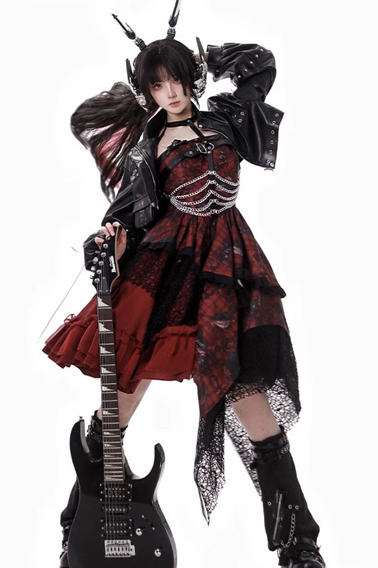 Red [Strawberries of Blood and Tears] Sleeveless Print Ruffle Bowknot Lace Asymmetric Gothic Lolita Jsk Dress - Product - 15