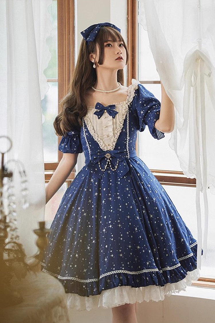 Midsummer Galaxy Shiny Star Print Short Sleeves Ruffle Bowknot Sweet Lolita OP Dress - Product - 5