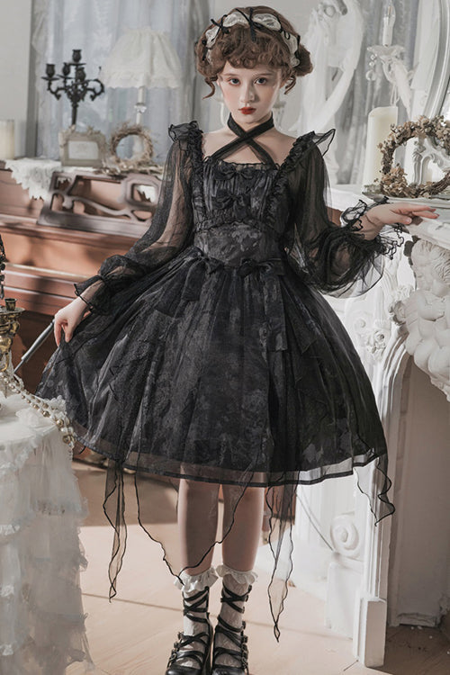 Black Ruffled Strap Mesh Lantern Sleeves High Waisted Irregular Hem Gothic Lolita OP Dress - Product - 2