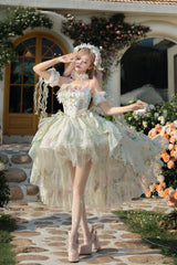 Green [Spring Rose] Sleeveless Multi-Layered Bowknot Lace-Up Fishbone Sweet Lolita Jsk Dress - Product - 6