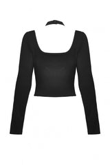Black Halterneck Long Sleeves Eyelet Mesh Splice Women's Punk Crop Top - Product - 15