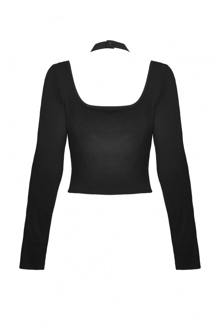 Black Halterneck Long Sleeves Eyelet Mesh Splice Women's Punk Crop Top - Product - 15
