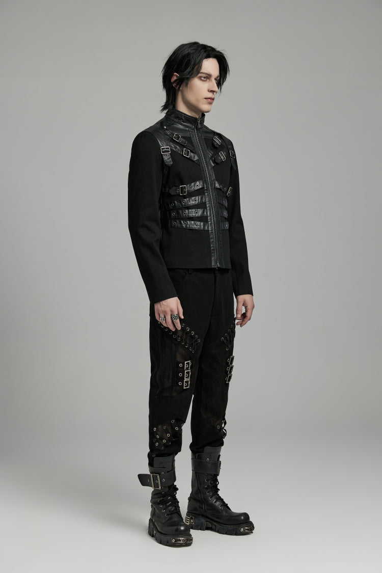 Black Round Collar Multi-Buckles Straps Faux Leather Men's Punk Jacket - Product - 2